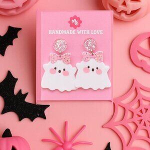 Pink Ghost Earrings — Cute Glitter Bow Halloween Dangle Jewelry